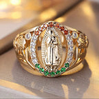 Anillo de la Virgen con Circonias y Diseño Floral: Recordatorio Elegante de Fe Inquebrantable