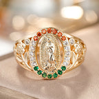 Anillo de la Virgen con Circonias y Diseño Floral: Recordatorio Elegante de Fe Inquebrantable