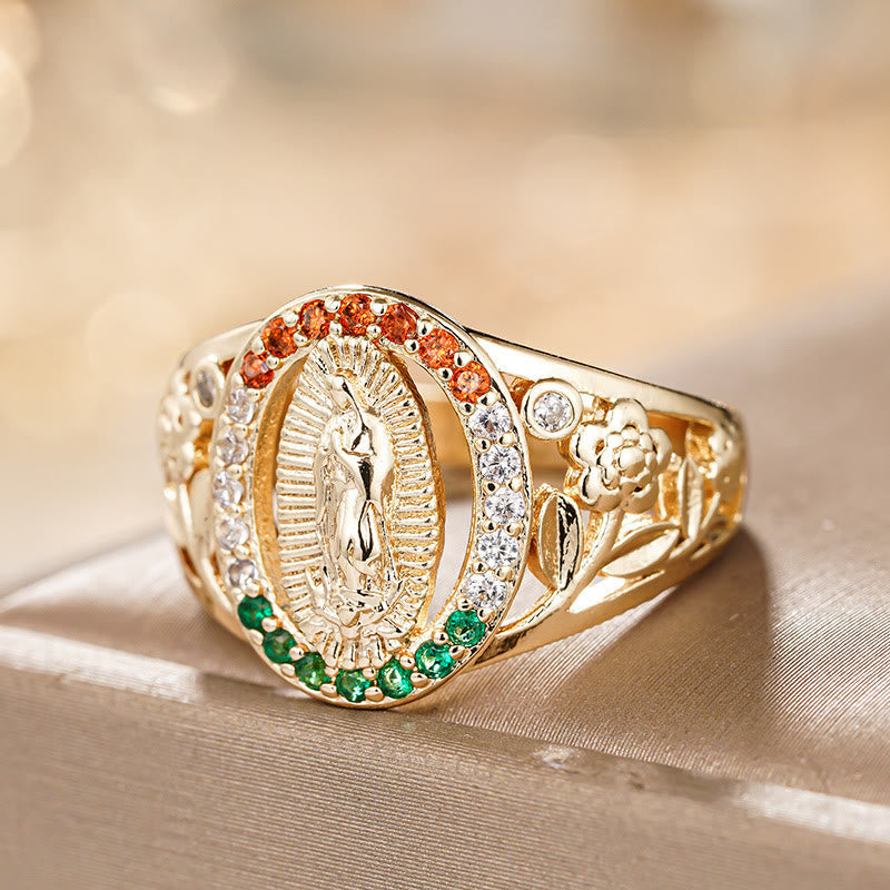Anillo de la Virgen con Circonias y Diseño Floral: Recordatorio Elegante de Fe Inquebrantable
