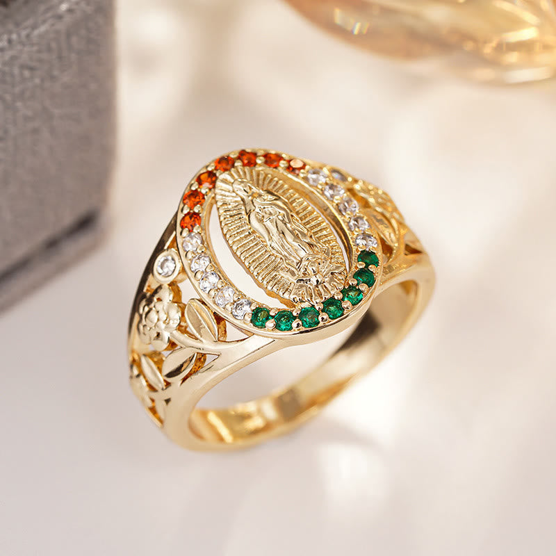 Anillo de la Virgen con Circonias y Diseño Floral: Recordatorio Elegante de Fe Inquebrantable