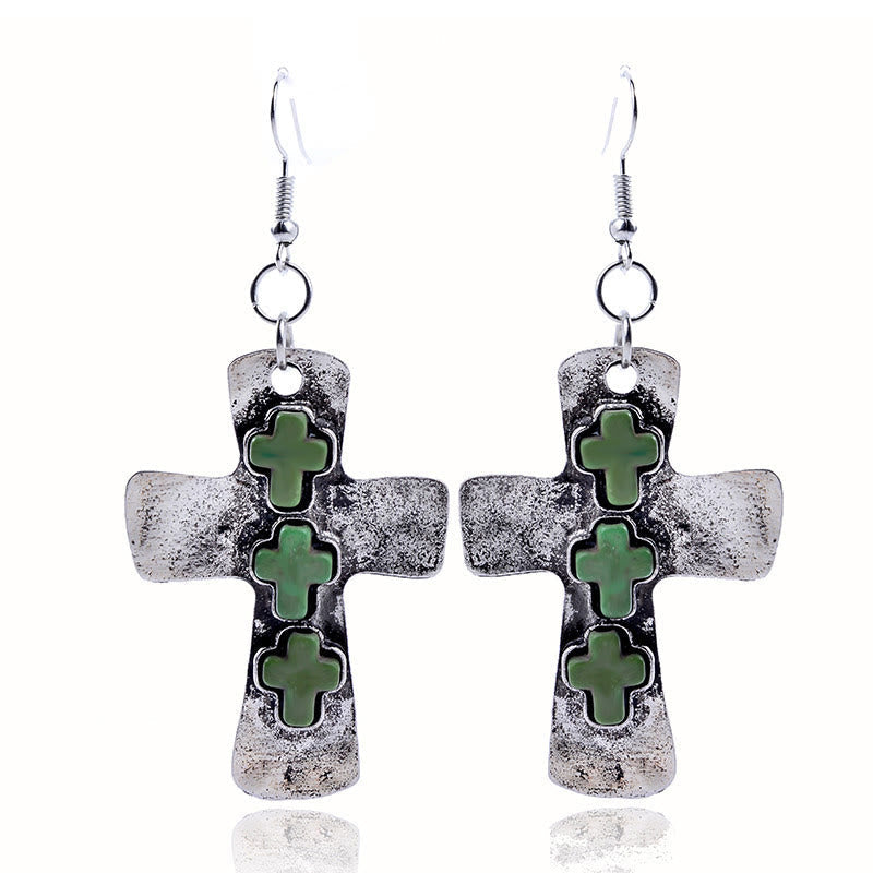 Aretes Texturizados de Tres Cruces con Incrustaciones de Piedra: Fe y Protección VIP