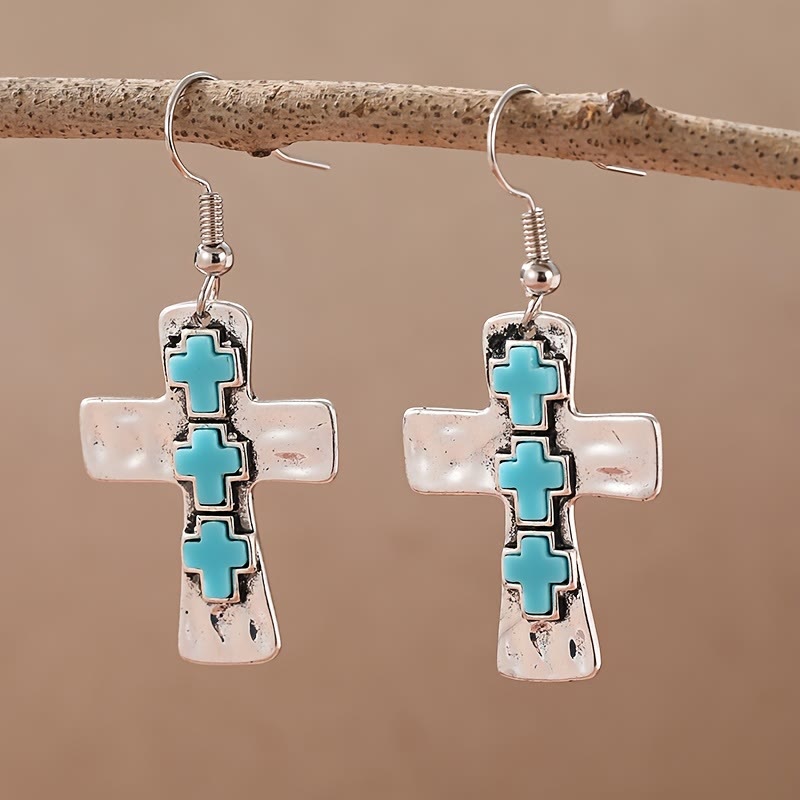 Aretes Texturizados de Tres Cruces con Incrustaciones de Piedra: Fe y Protección VIP
