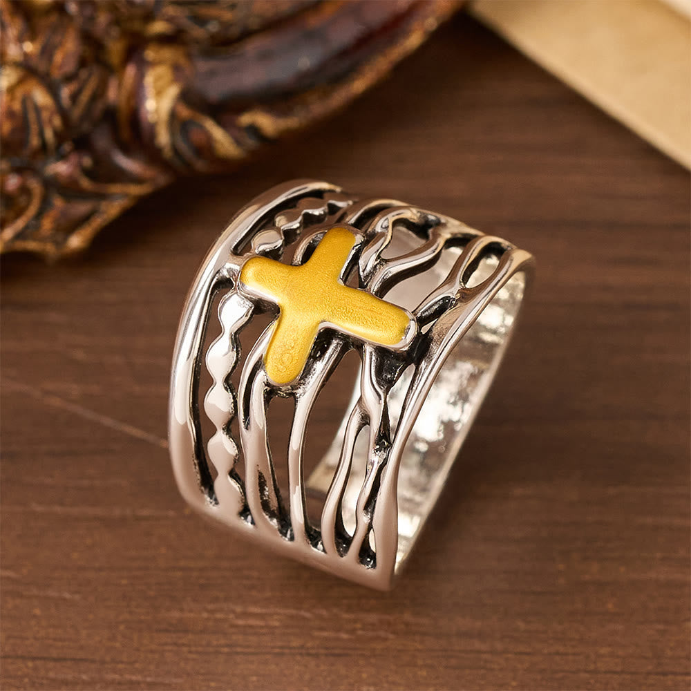Anillo de Cruz de Cobre en Dos Tonos: Recordatorio Sereno de Paz y Gracia