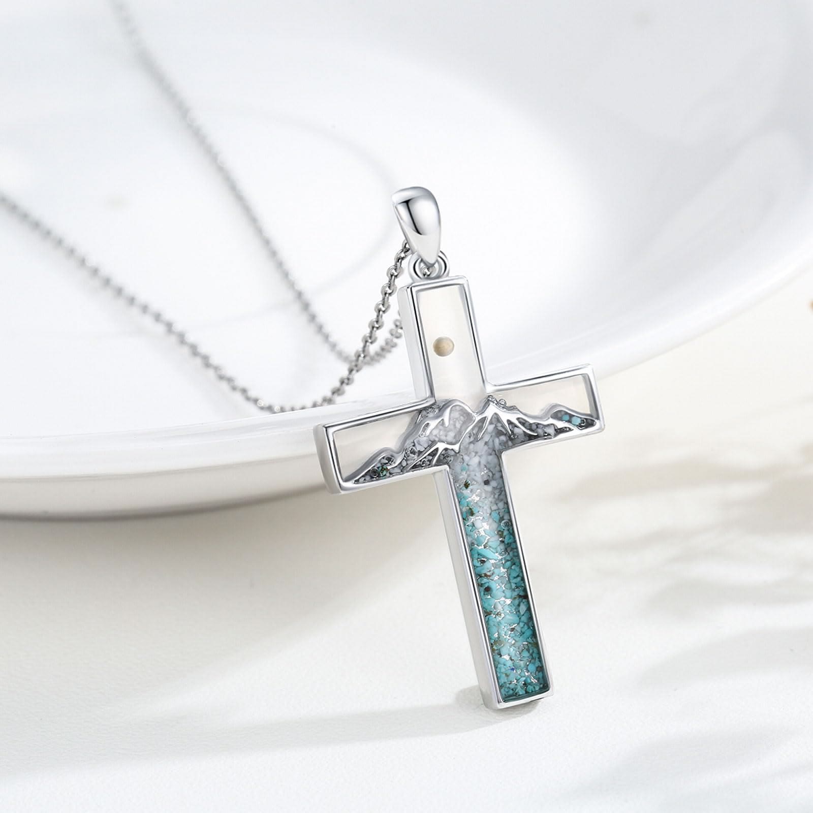 Collar de Semilla de Mostaza con Luna Creciente y Cruz: Incrustación de Turquesa y Tono Plata