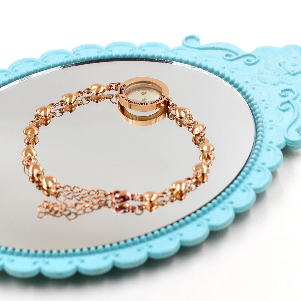 Pulsera Mateo 17:20 y Lucas 1:37 con Semilla de Mostaza: Corazones con Detalle de Circonia