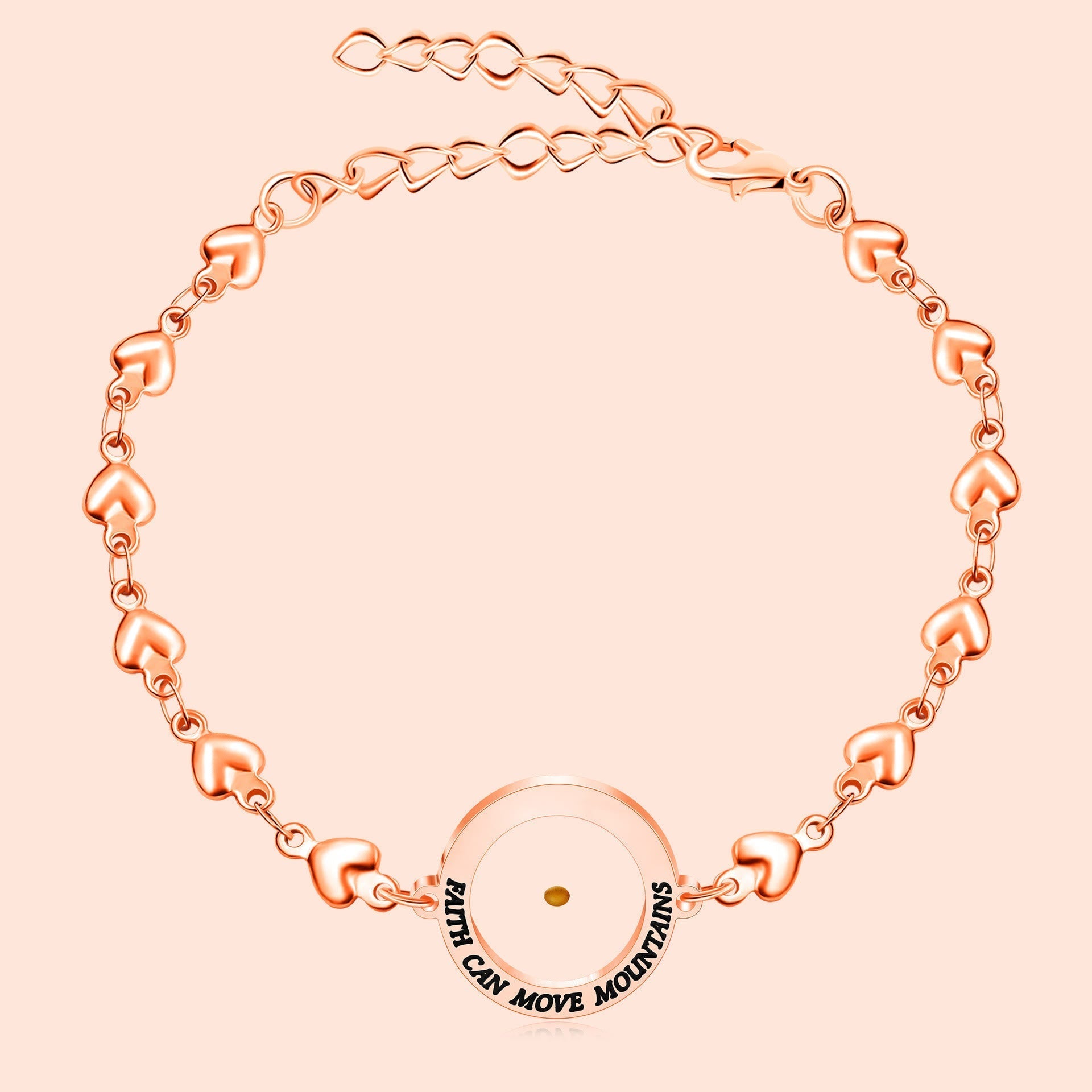 Pulsera Mateo 17:20 y Lucas 1:37 con Semilla de Mostaza: Corazones con Detalle de Circonia