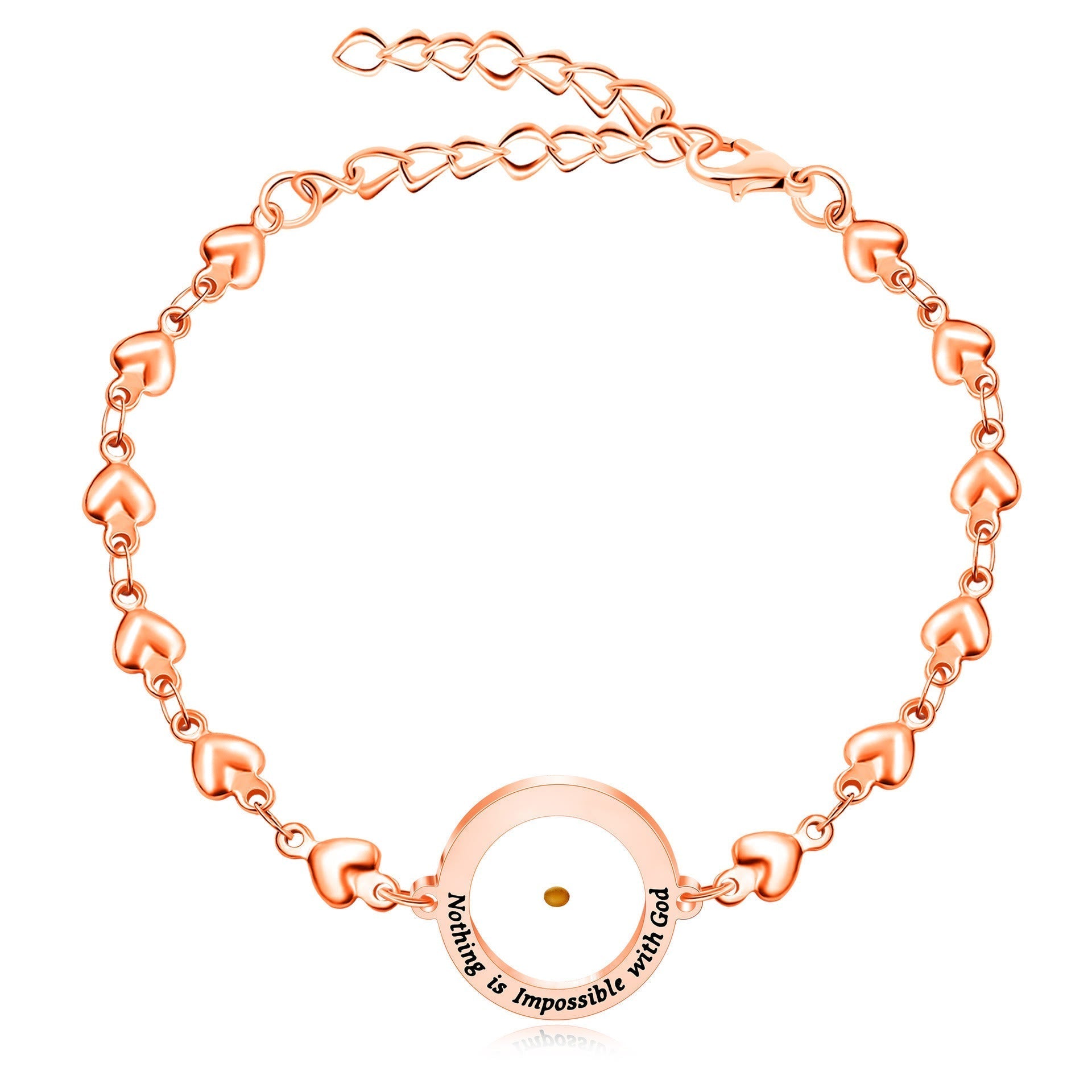 Pulsera Mateo 17:20 y Lucas 1:37 con Semilla de Mostaza: Corazones con Detalle de Circonia