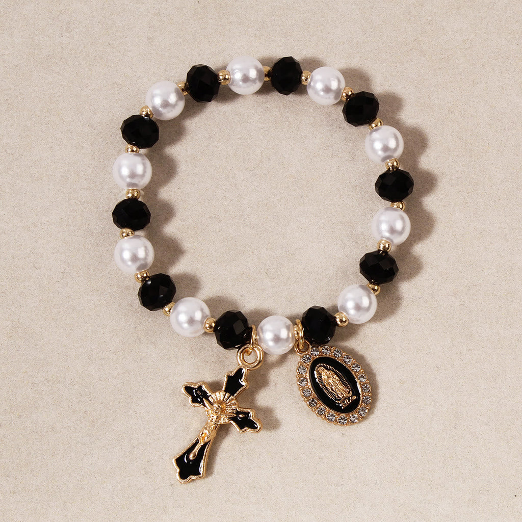 Pulsera de Cuentas con Medallón Mariano: Detalles de la Virgen y Dije de Cruz Esmaltada