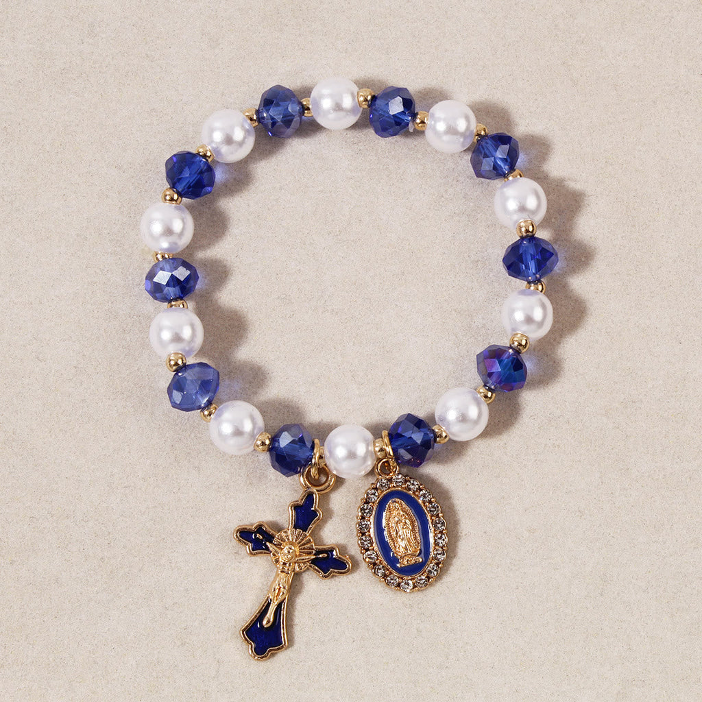 Pulsera de Cuentas con Medallón Mariano: Detalles de la Virgen y Dije de Cruz Esmaltada