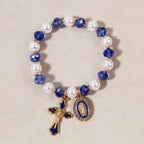 Pulsera de Cuentas con Medallón Mariano: Detalles de la Virgen y Dije de Cruz Esmaltada