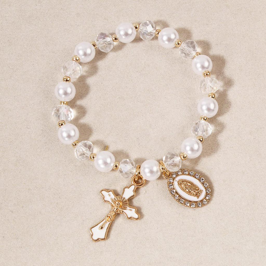 Pulsera de Cuentas con Medallón Mariano: Detalles de la Virgen y Dije de Cruz Esmaltada