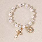 Pulsera de Cuentas con Medallón Mariano: Detalles de la Virgen y Dije de Cruz Esmaltada