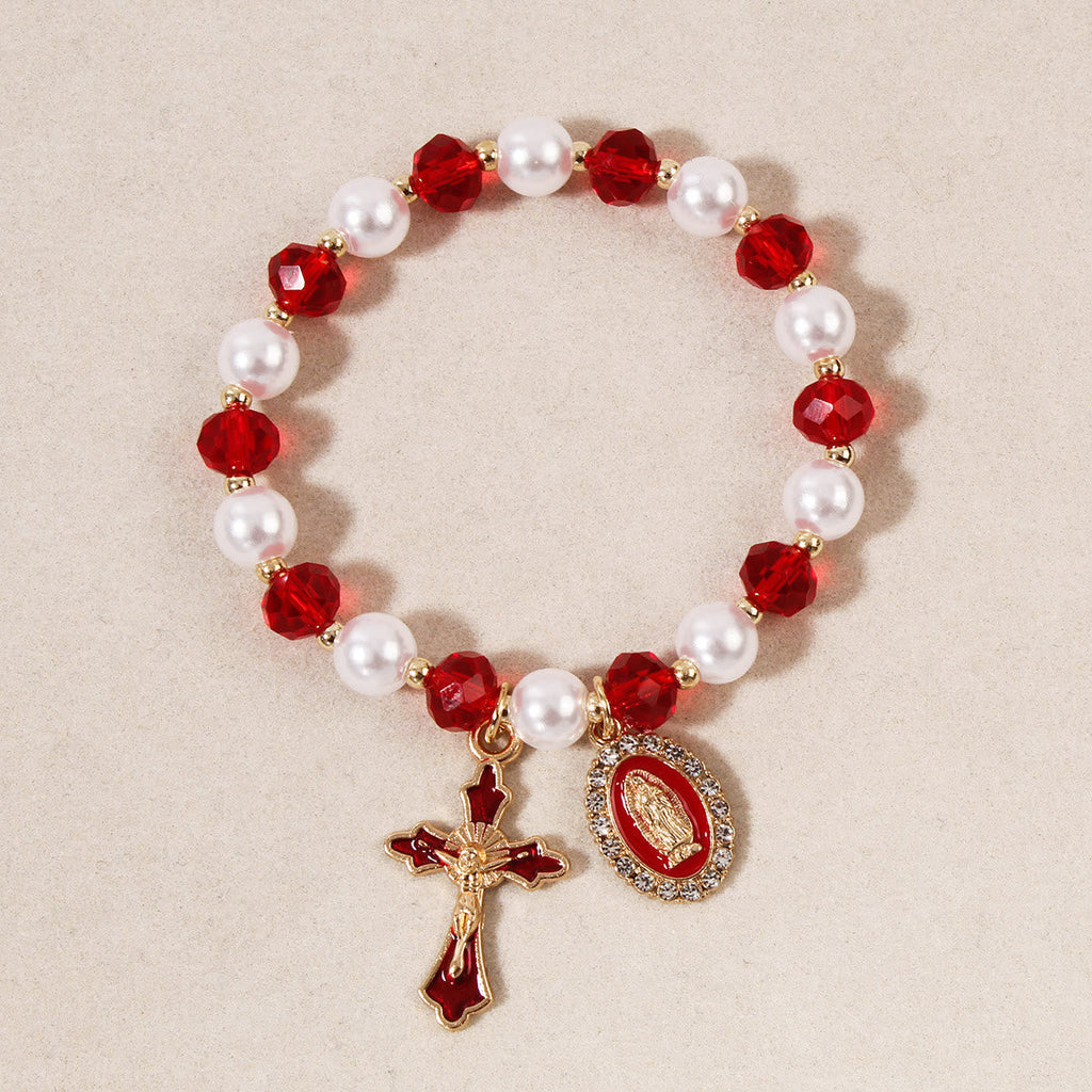 Pulsera de Cuentas con Medallón Mariano: Detalles de la Virgen y Dije de Cruz Esmaltada