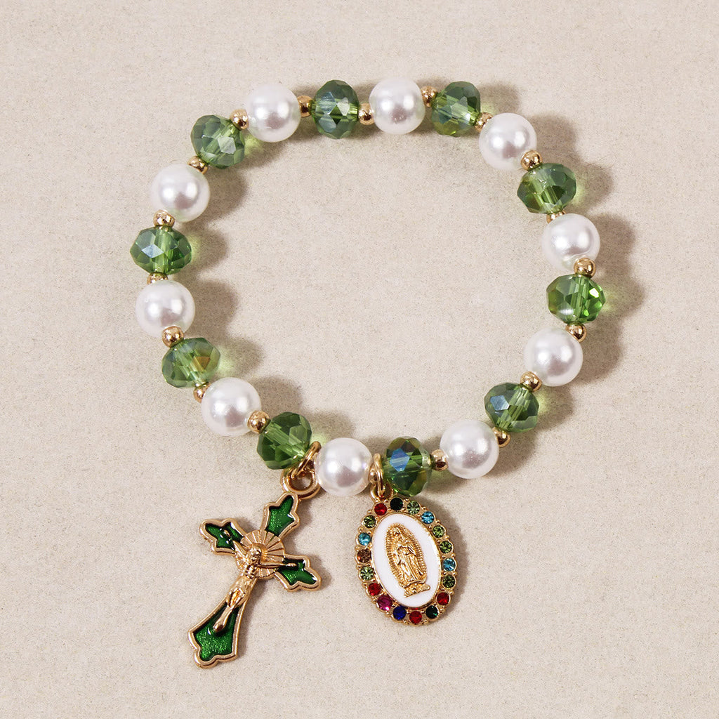Pulsera de Cuentas con Medallón Mariano: Detalles de la Virgen y Dije de Cruz Esmaltada