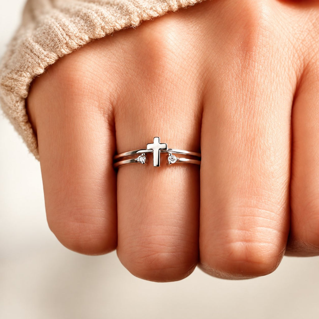 Zircon Accent Cross Double-Band Ring