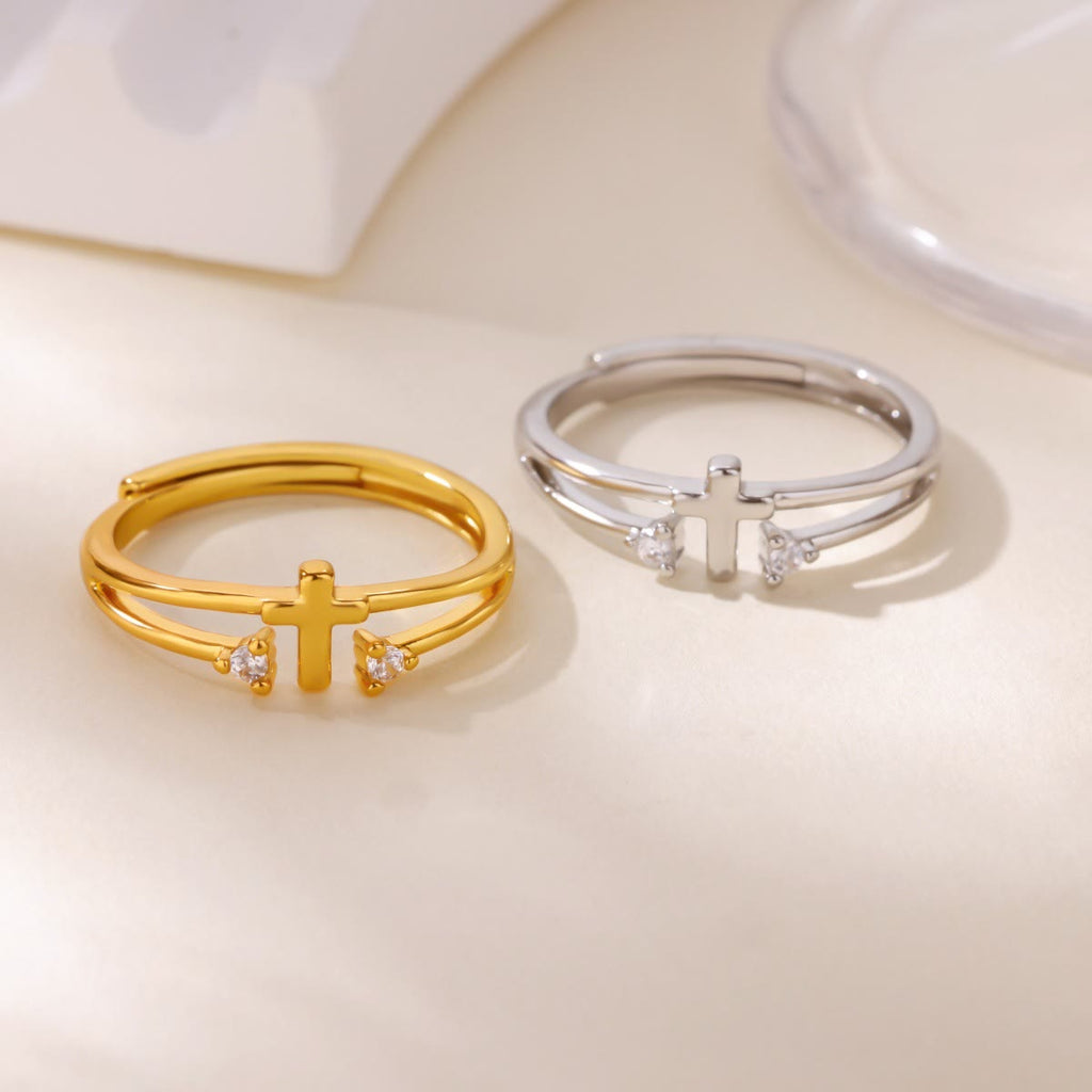 Anillo de Doble Banda con Cruz y Circonia: Símbolo del Amor Radiante de Cristo