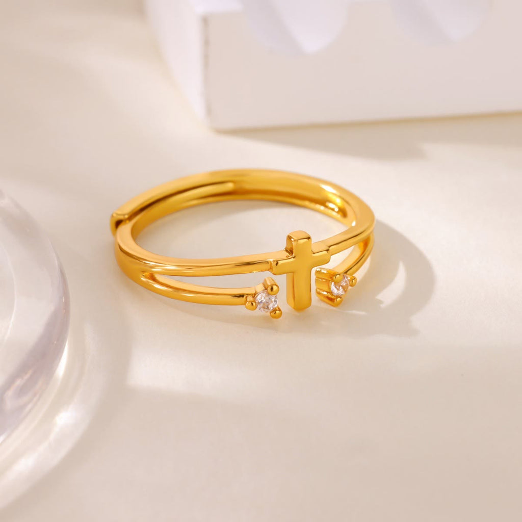 Anillo de Doble Banda con Cruz y Circonia: Símbolo del Amor Radiante de Cristo