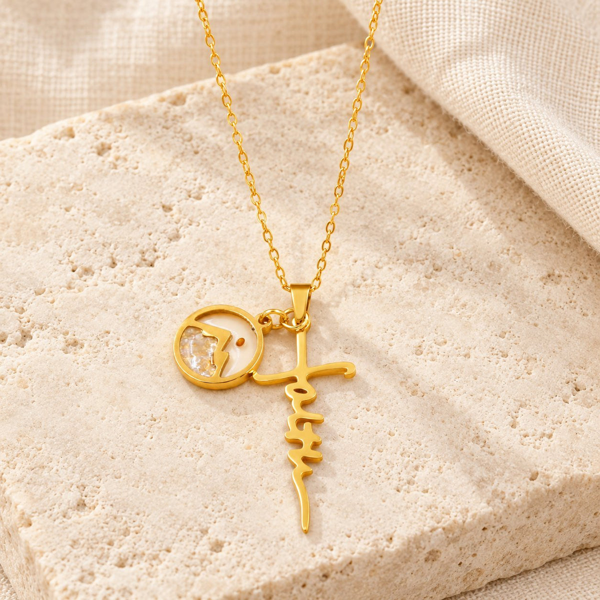 Faith Script Cross Mustard Seed Necklace