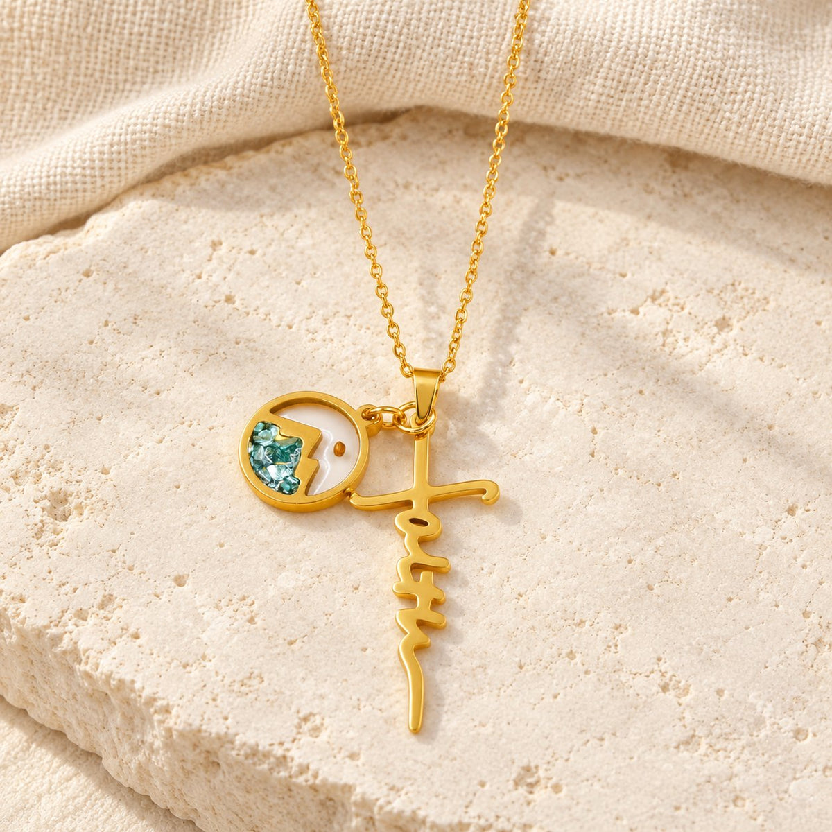 Faith Script Cross Mustard Seed Necklace