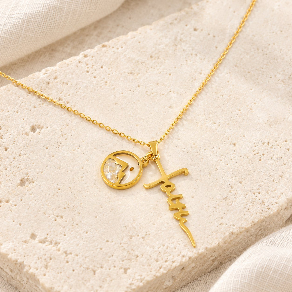 Faith Script Cross Mustard Seed Necklace
