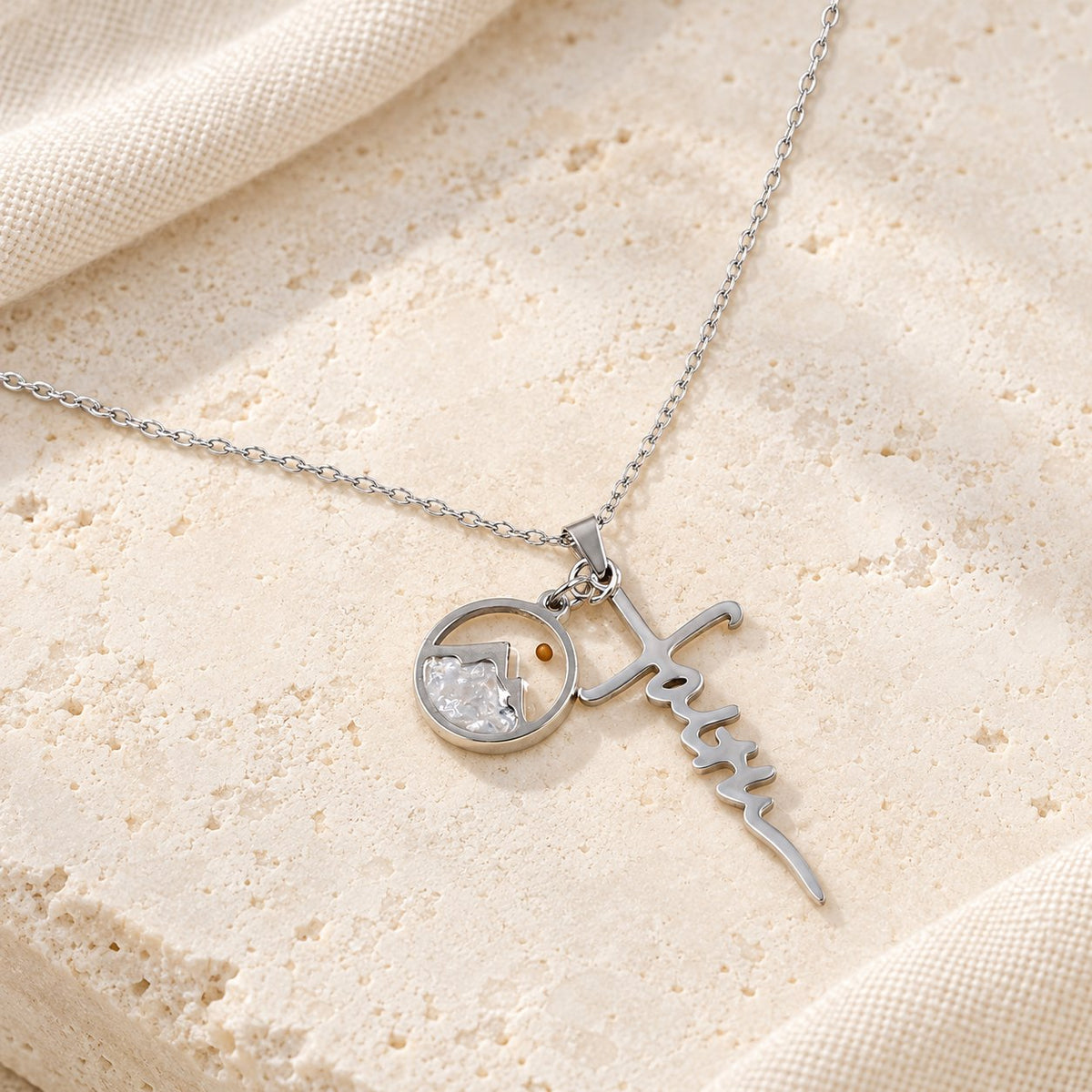 Faith Script Cross Mustard Seed Necklace