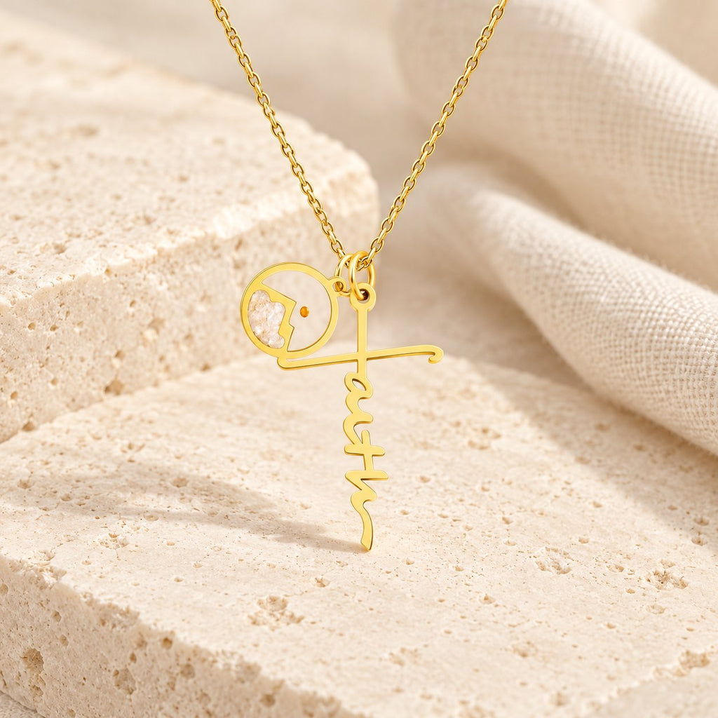 Faith Script Cross Mustard Seed Necklace