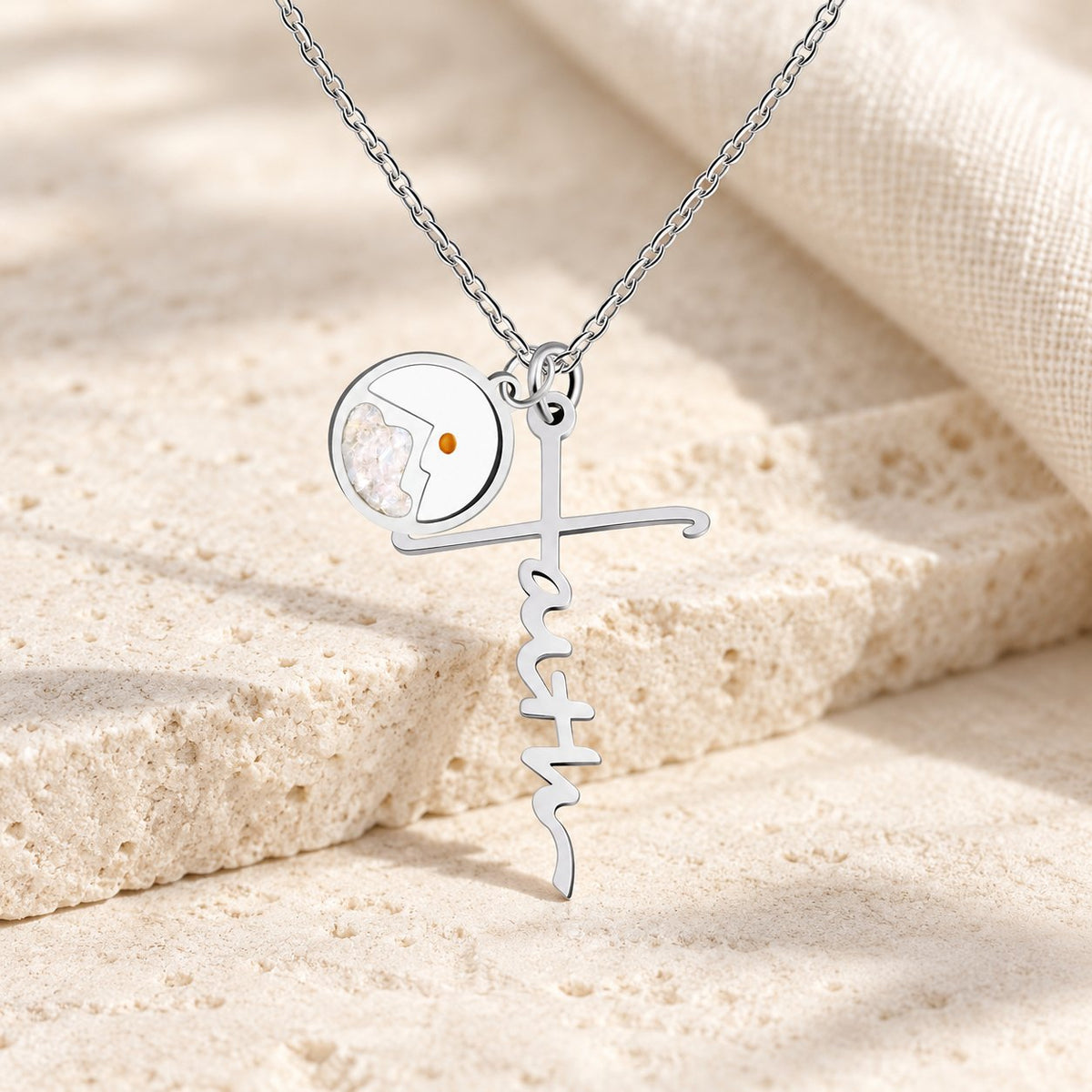 Faith Script Cross Mustard Seed Necklace