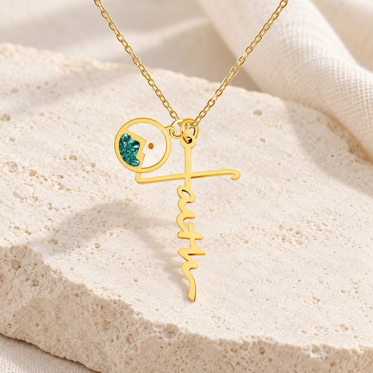 Faith Script Cross Mustard Seed Necklace