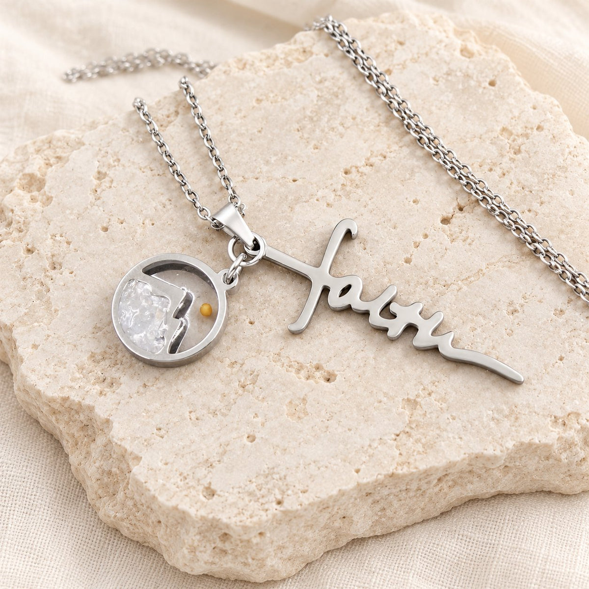 Faith Script Cross Mustard Seed Necklace