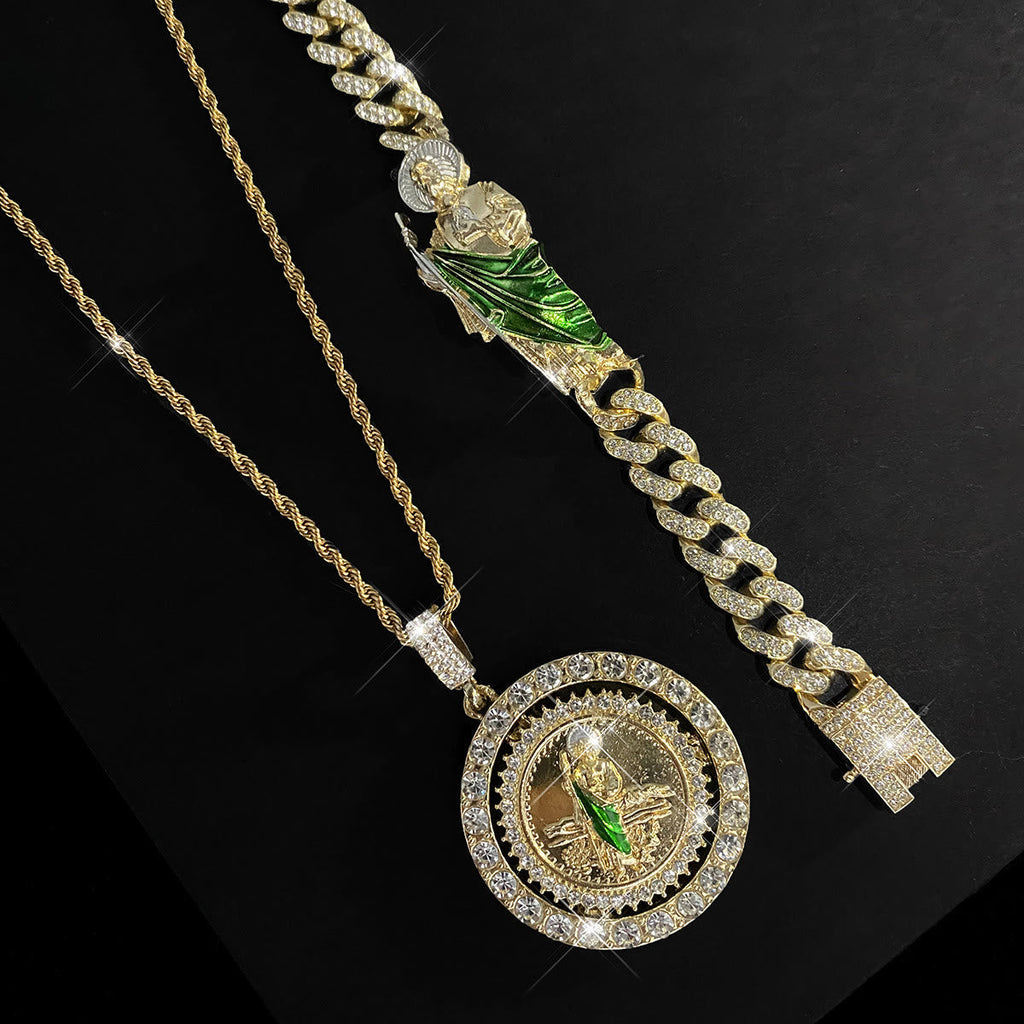 Pulsera Barbada de Circonia de San Judas con Manto Verde: Símbolo de Gracia y Protección Sagradas
