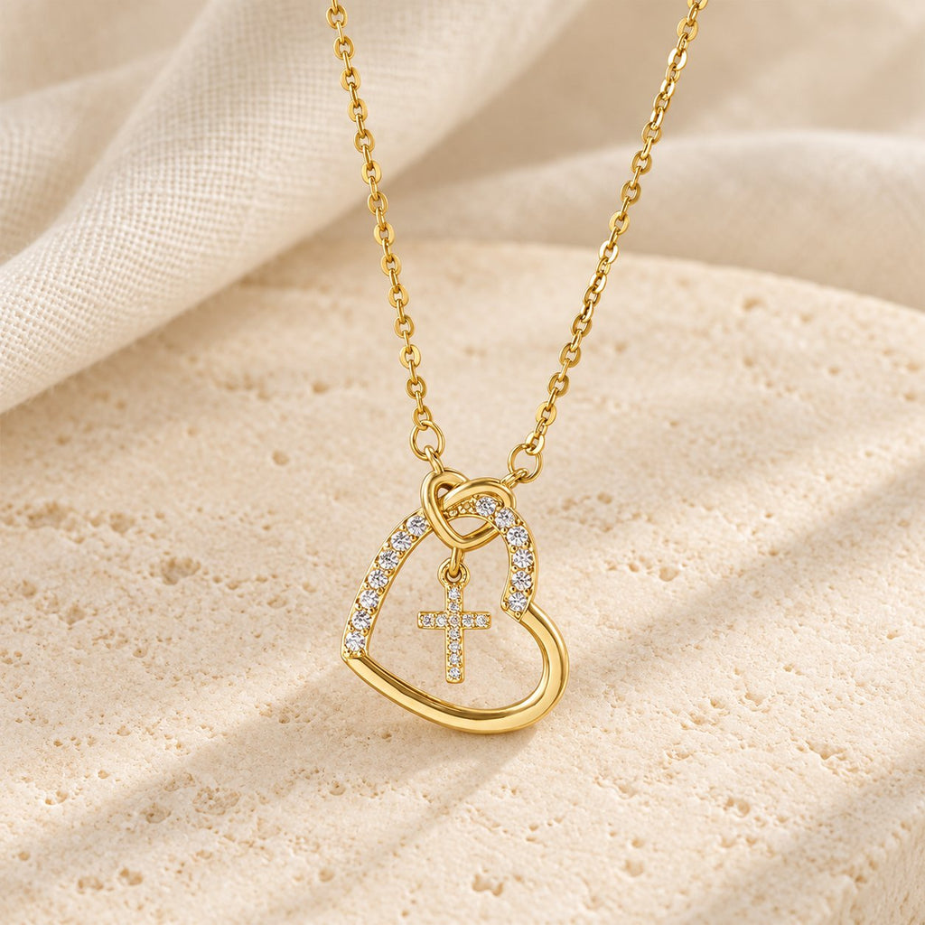 Intertwined Heart Cross Necklace with Card