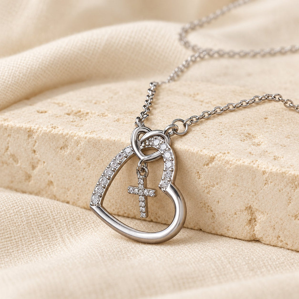 Intertwined Heart Cross Necklace with Card