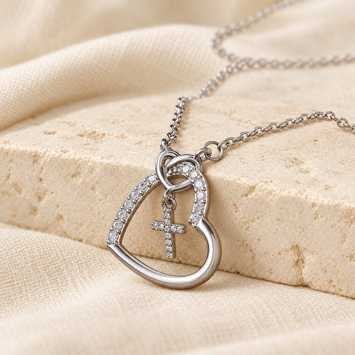Intertwined Heart Cross Necklace with Card