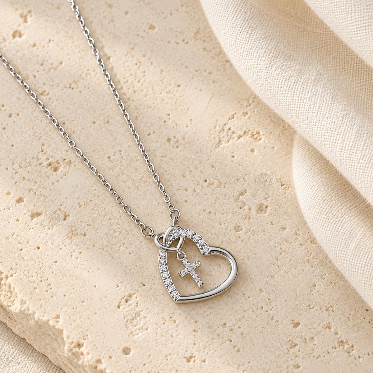 Intertwined Heart Cross Necklace with Card