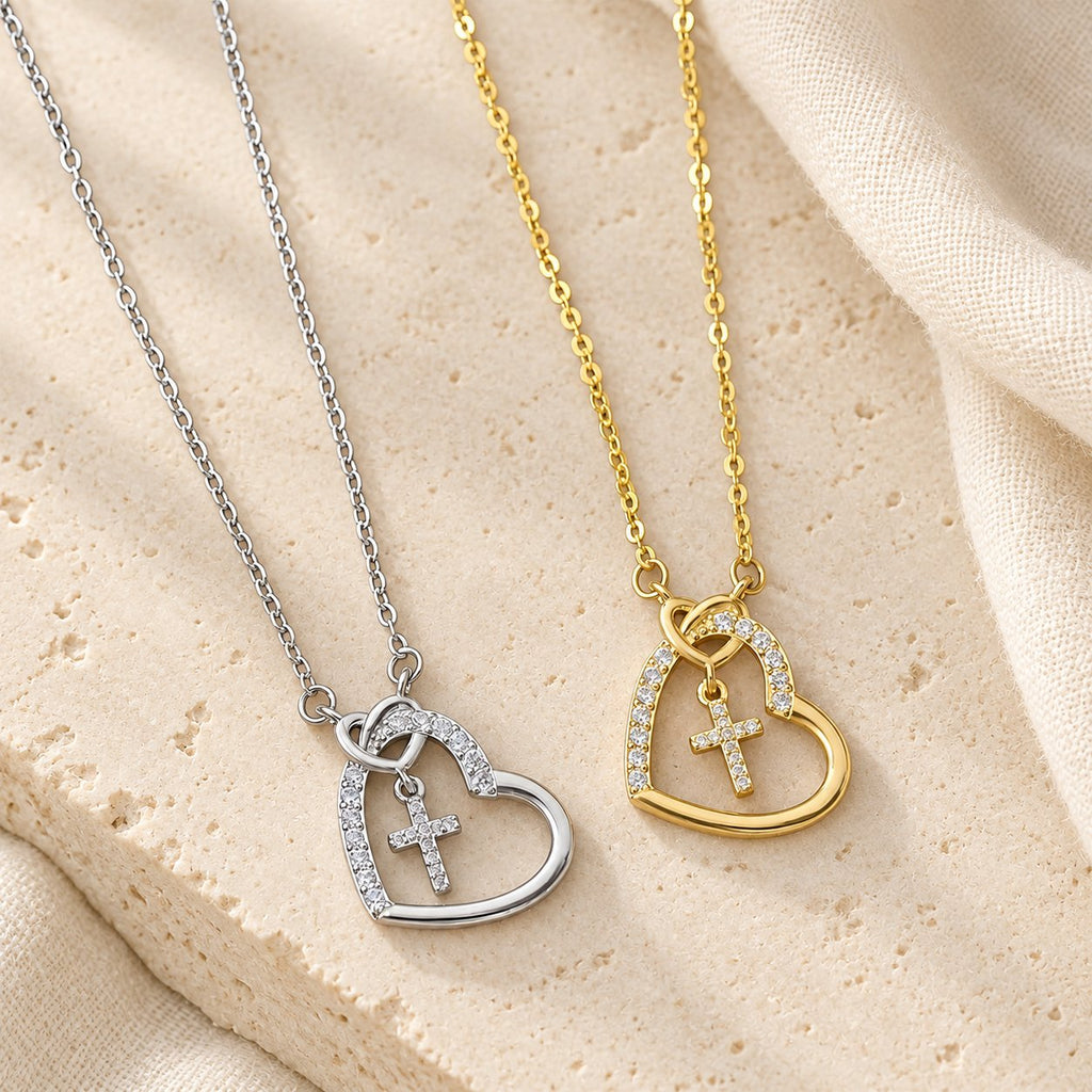Intertwined Heart Cross Necklace with Card