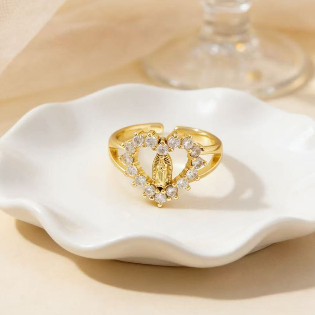 Anillo de la Virgen Estilo Corazón/Luna/Óvalo: Devoción Sagrada y Gracia Radiante