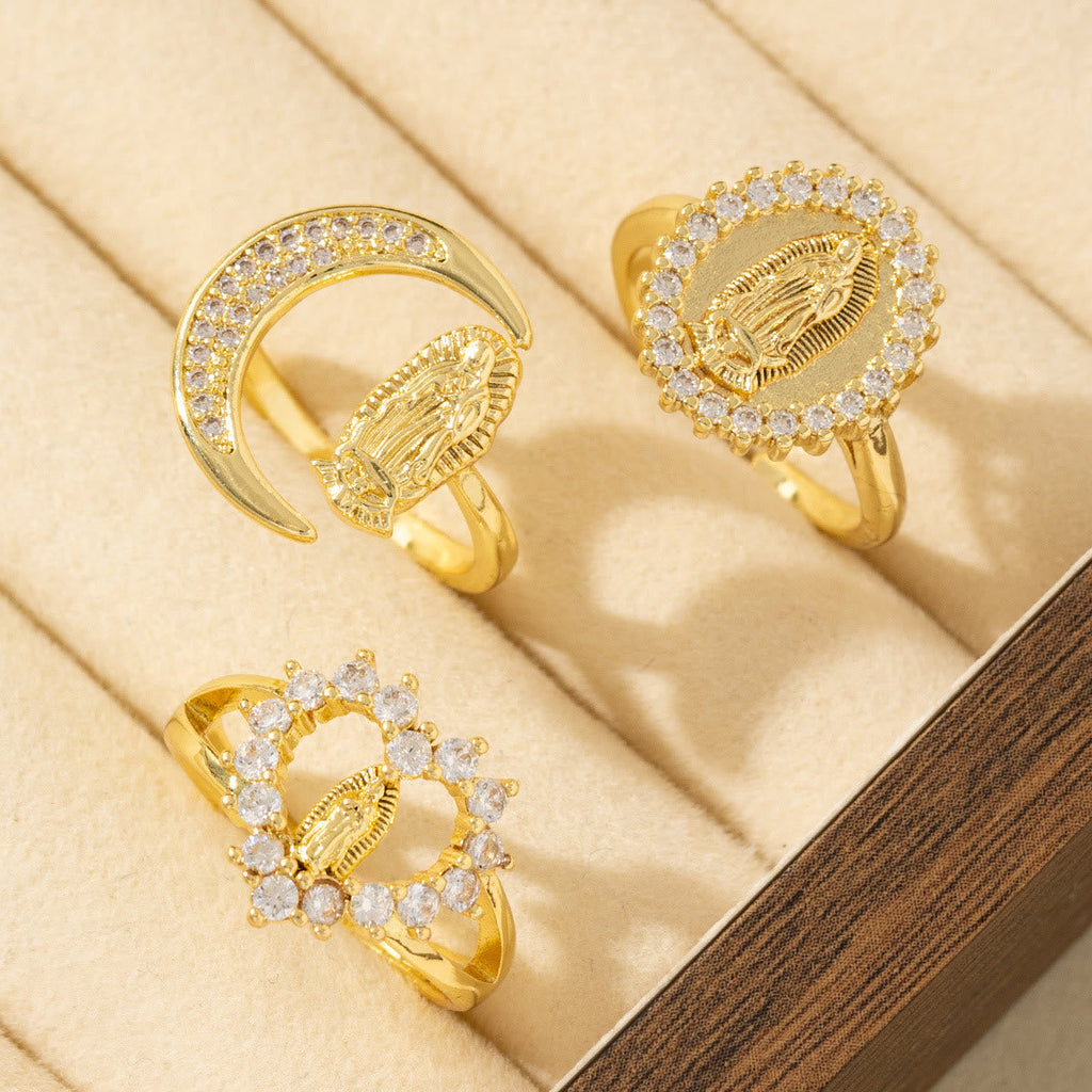 Anillo de la Virgen Estilo Corazón/Luna/Óvalo: Devoción Sagrada y Gracia Radiante