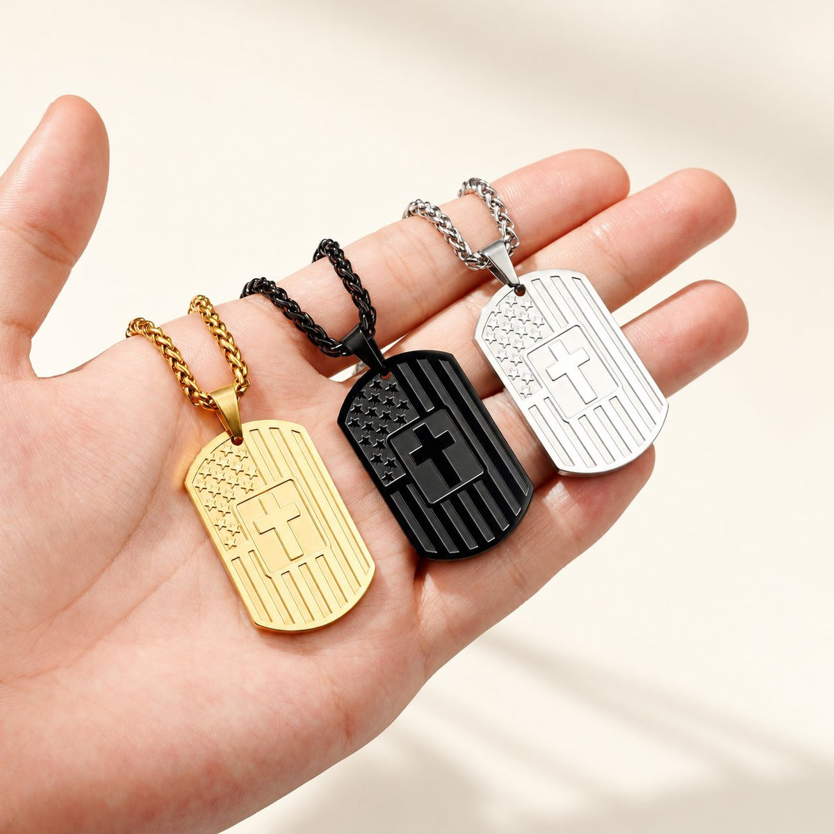 American Flag & Cross Double-Sided Scripture Necklace