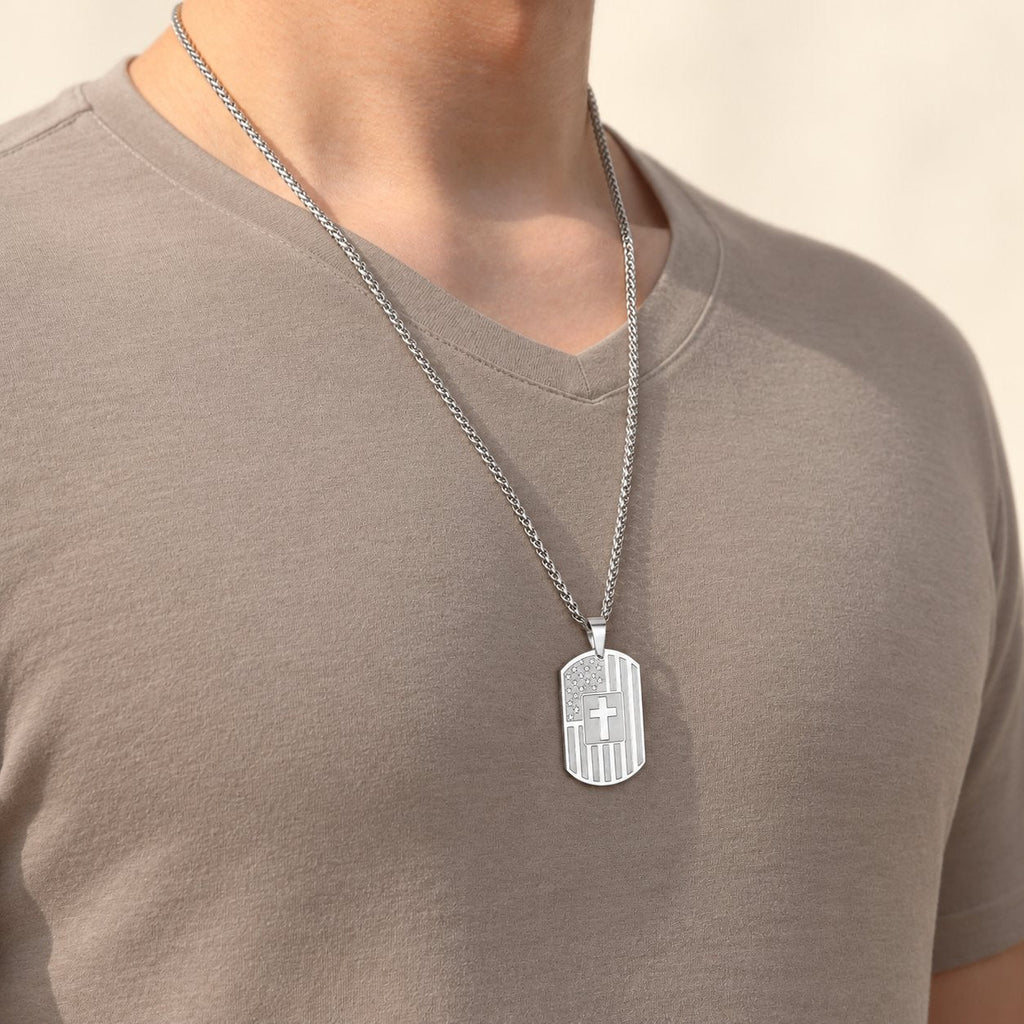 American Flag & Cross Double-Sided Scripture Necklace