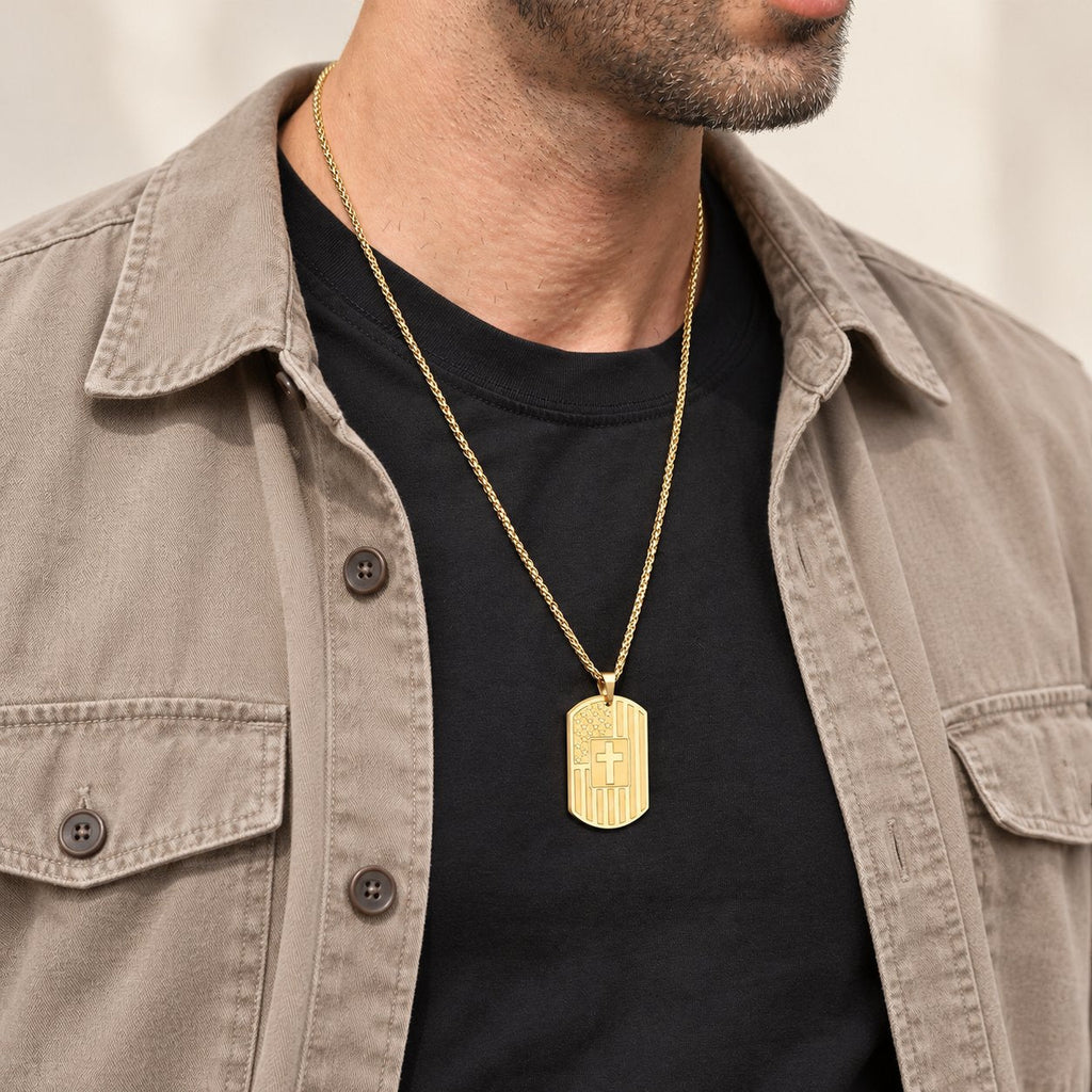 American Flag & Cross Double-Sided Scripture Necklace
