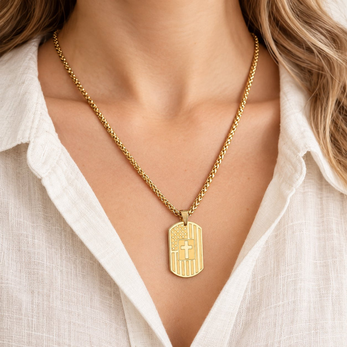 American Flag & Cross Double-Sided Scripture Necklace