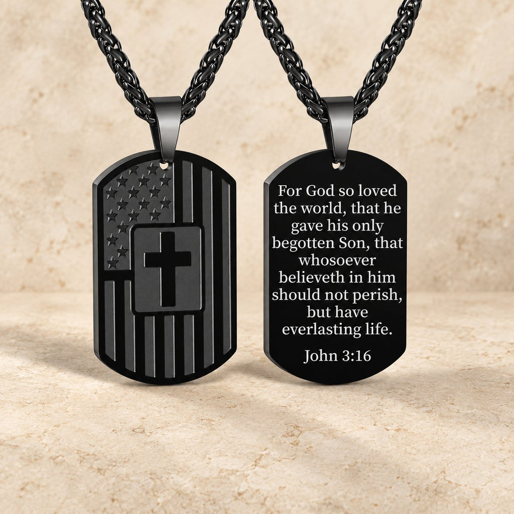 American Flag & Cross Double-Sided Scripture Necklace
