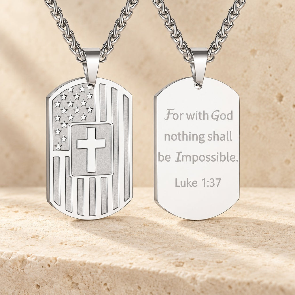 American Flag & Cross Double-Sided Scripture Necklace