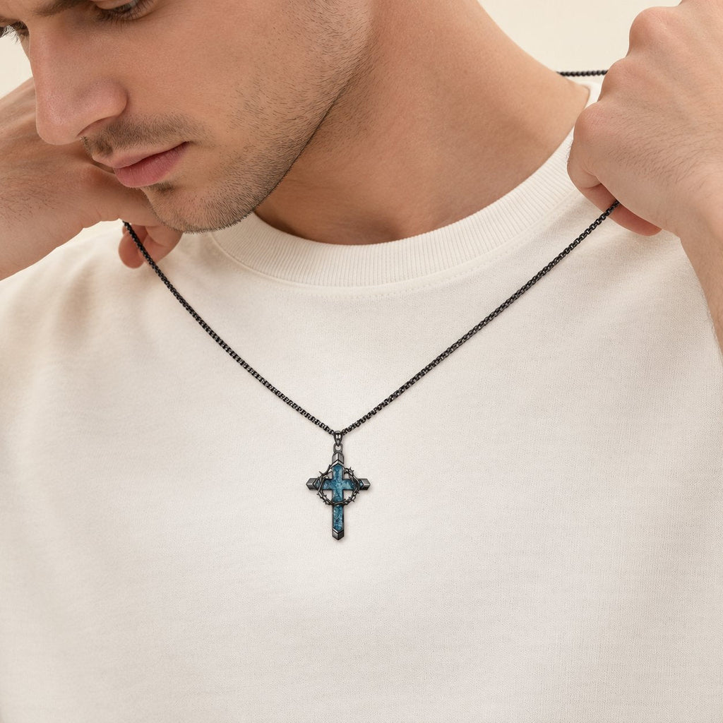 Thorn-Wrapped Inlaid Cross Pendant Necklace