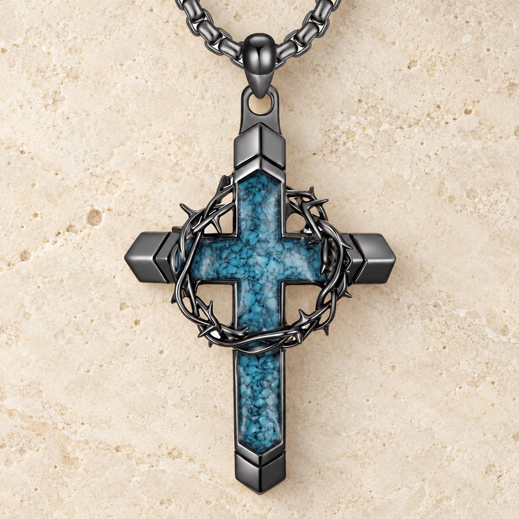 Thorn-Wrapped Inlaid Cross Pendant Necklace