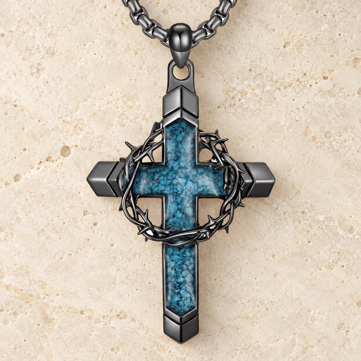 Thorn-Wrapped Inlaid Cross Pendant Necklace