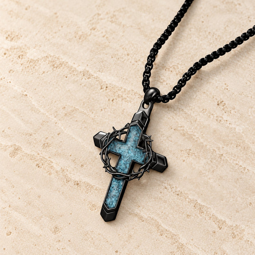 Thorn-Wrapped Inlaid Cross Pendant Necklace
