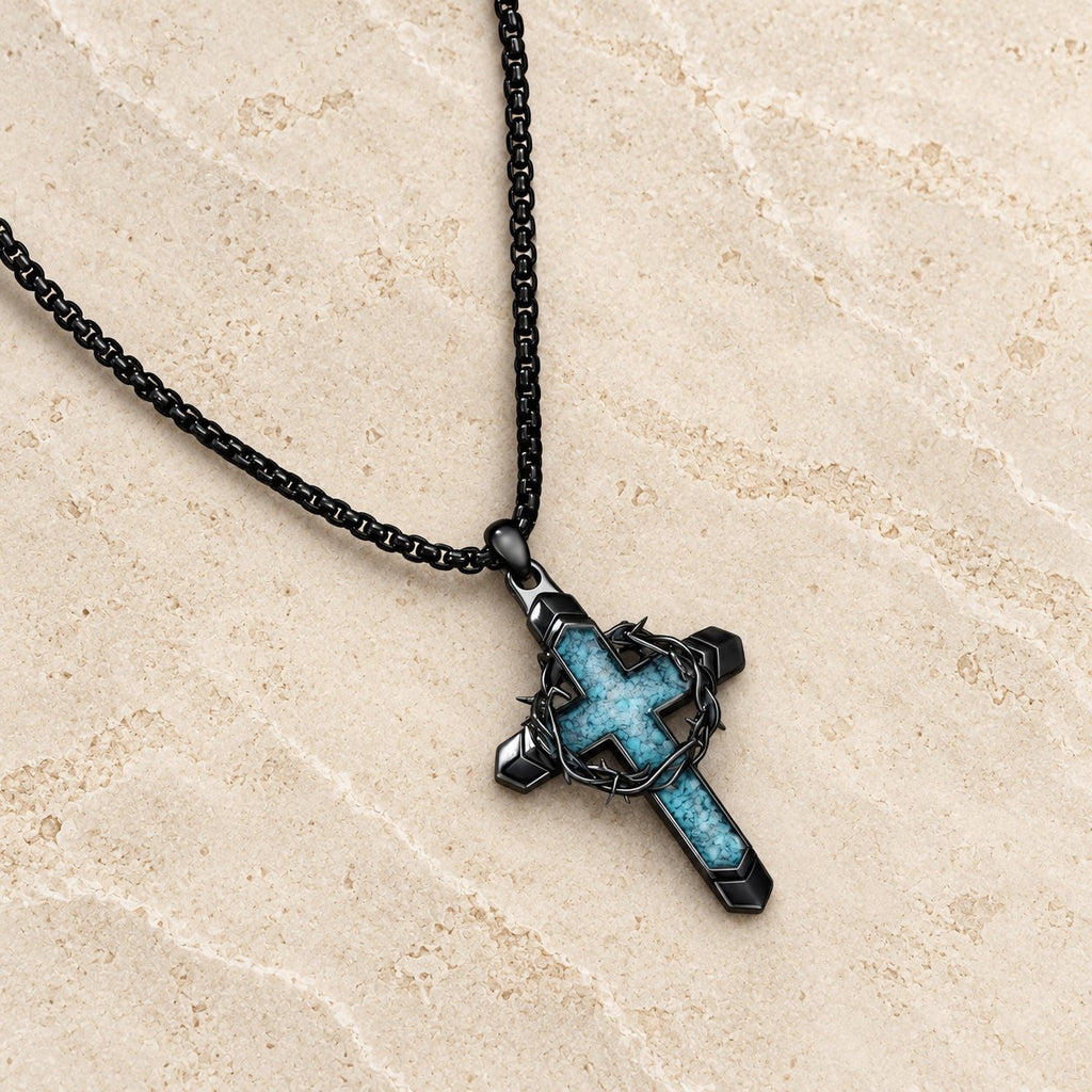 Thorn-Wrapped Inlaid Cross Pendant Necklace
