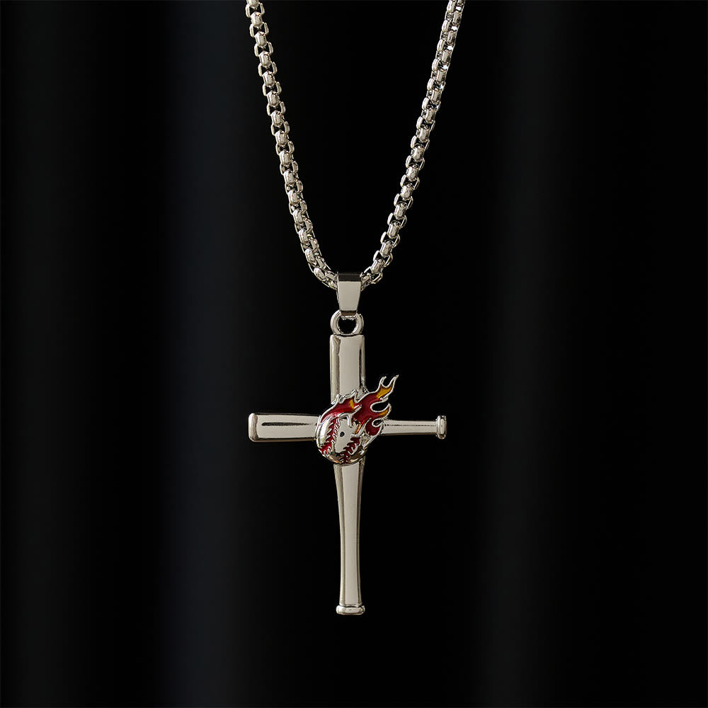 Collar de Cruz de Béisbol Filipenses 4:13 con Detalle de Llama: Fuerza Divina y Fe Atlética