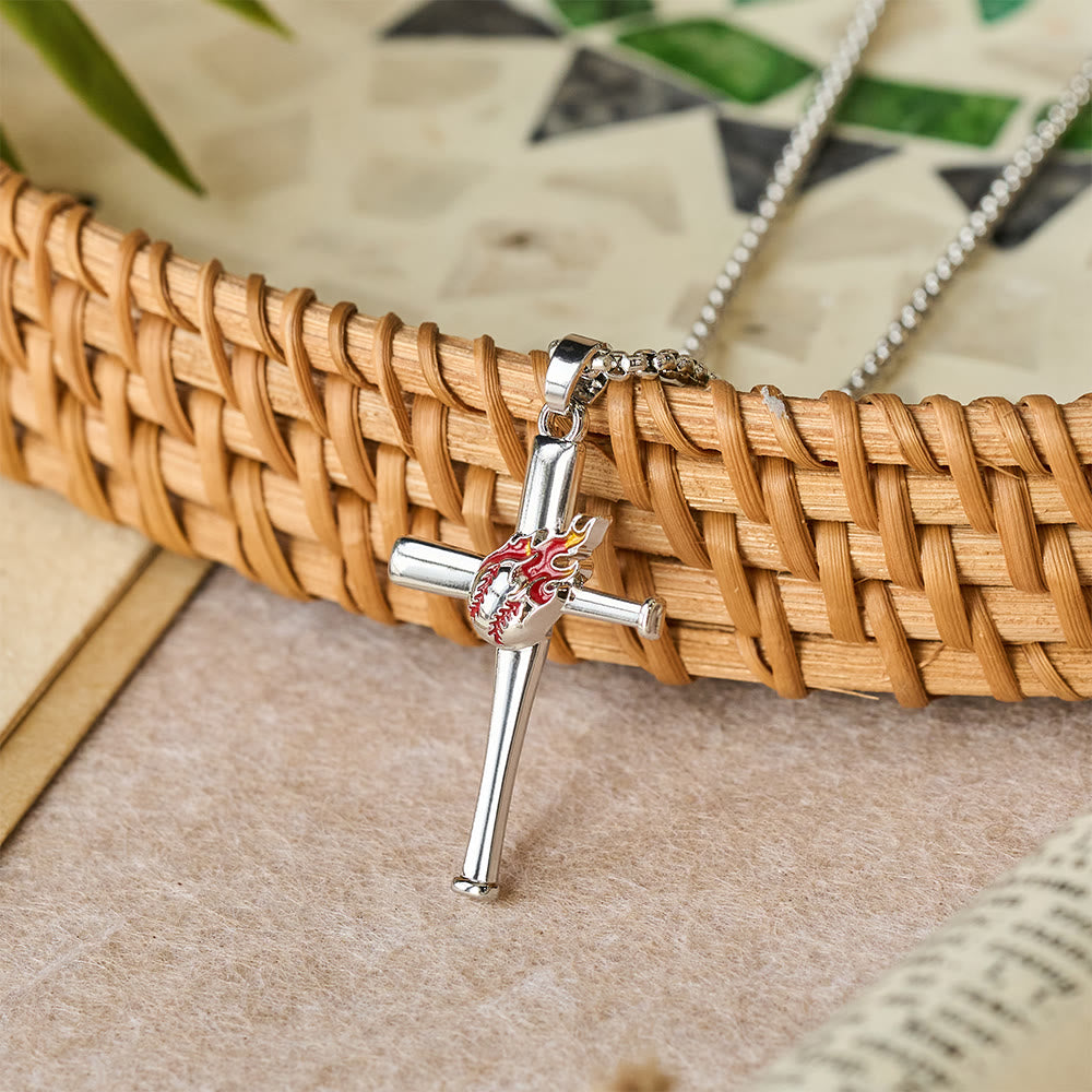 Collar de Cruz de Béisbol Filipenses 4:13 con Detalle de Llama: Fuerza Divina y Fe Atlética